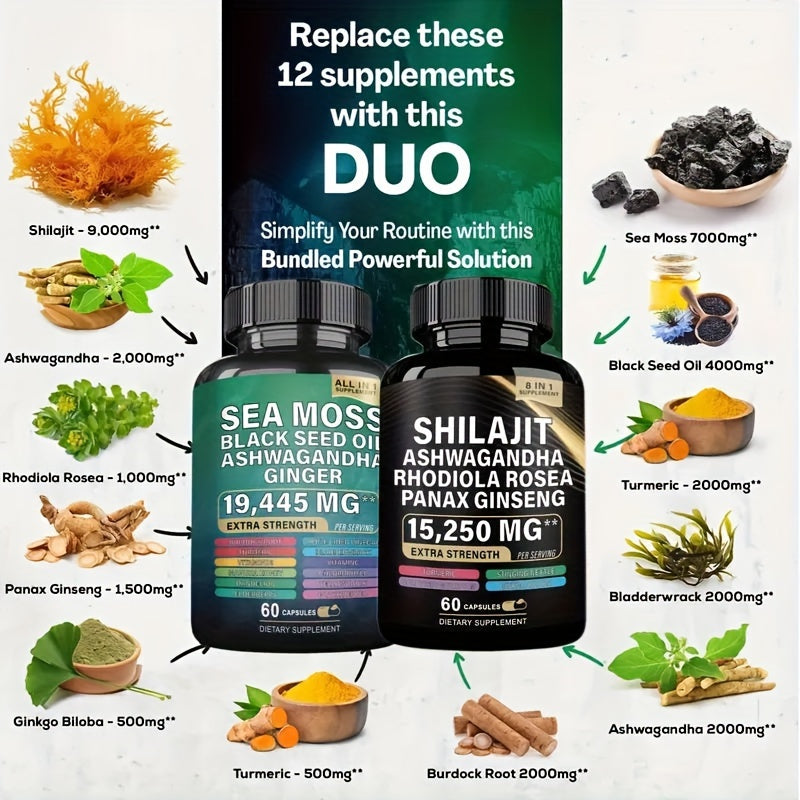 2 Bottles Wellness Bundles - Sea Moss 7000mg, Black Seed Oil 4000mg, Ashwagandha 2000mg, Ginger & Shilajit 9000mg, Rhodiola Rosea 1000mg, Panax Ginseng 1500mg, All-in-One Supplement Pills, 60 Veggie Capsules Each