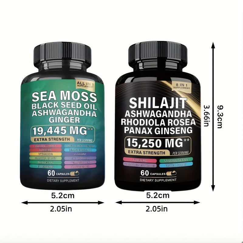 2 Bottles Wellness Bundles - Sea Moss 7000mg, Black Seed Oil 4000mg, Ashwagandha 2000mg, Ginger & Shilajit 9000mg, Rhodiola Rosea 1000mg, Panax Ginseng 1500mg, All-in-One Supplement Pills, 60 Veggie Capsules Each