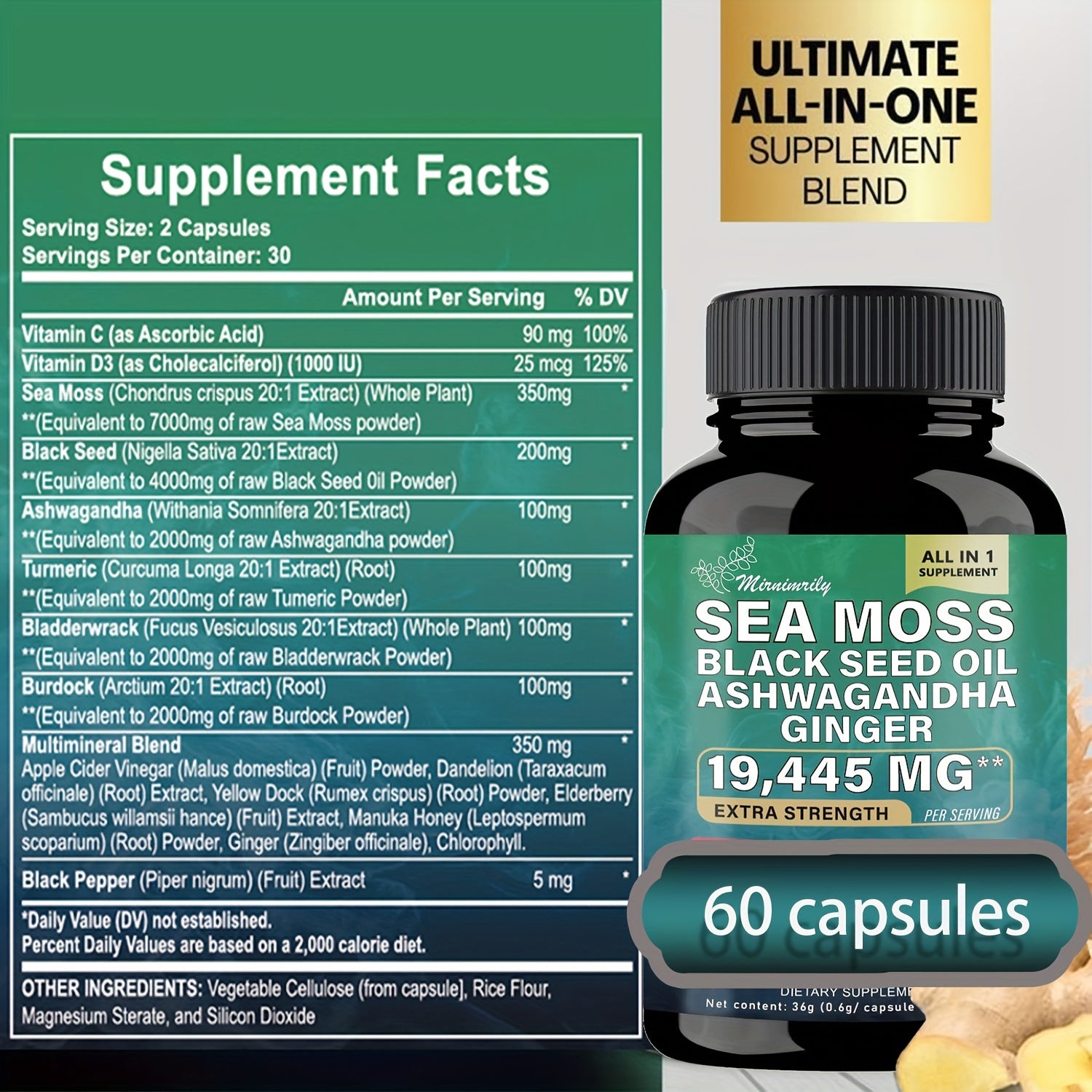 2 Bottles of Ultimate Wellness Bundle - 60 High-Potency Veggie Capsules Each with 7000mg Sea Moss, 4000mg Black Seed Oil, 2000mg Ashwagandha, 9000mg Ginger & Shilajit, 1000mg Rhodiola Rosea, 1500mg Panax Ginseng, All-in-One S