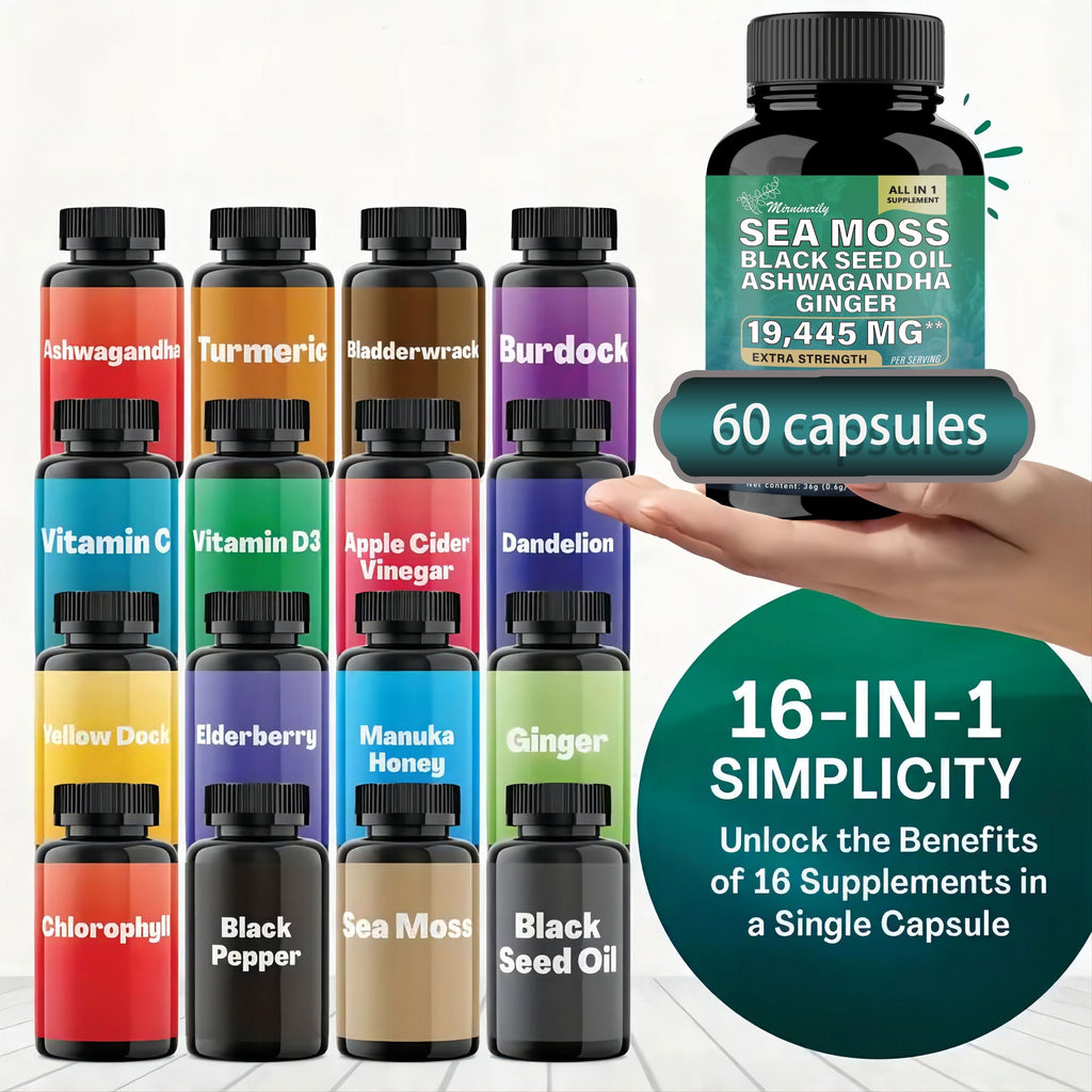 2 Bottles of Ultimate Wellness Bundle - 60 High-Potency Veggie Capsules Each with 7000mg Sea Moss, 4000mg Black Seed Oil, 2000mg Ashwagandha, 9000mg Ginger & Shilajit, 1000mg Rhodiola Rosea, 1500mg Panax Ginseng, All-in-One S