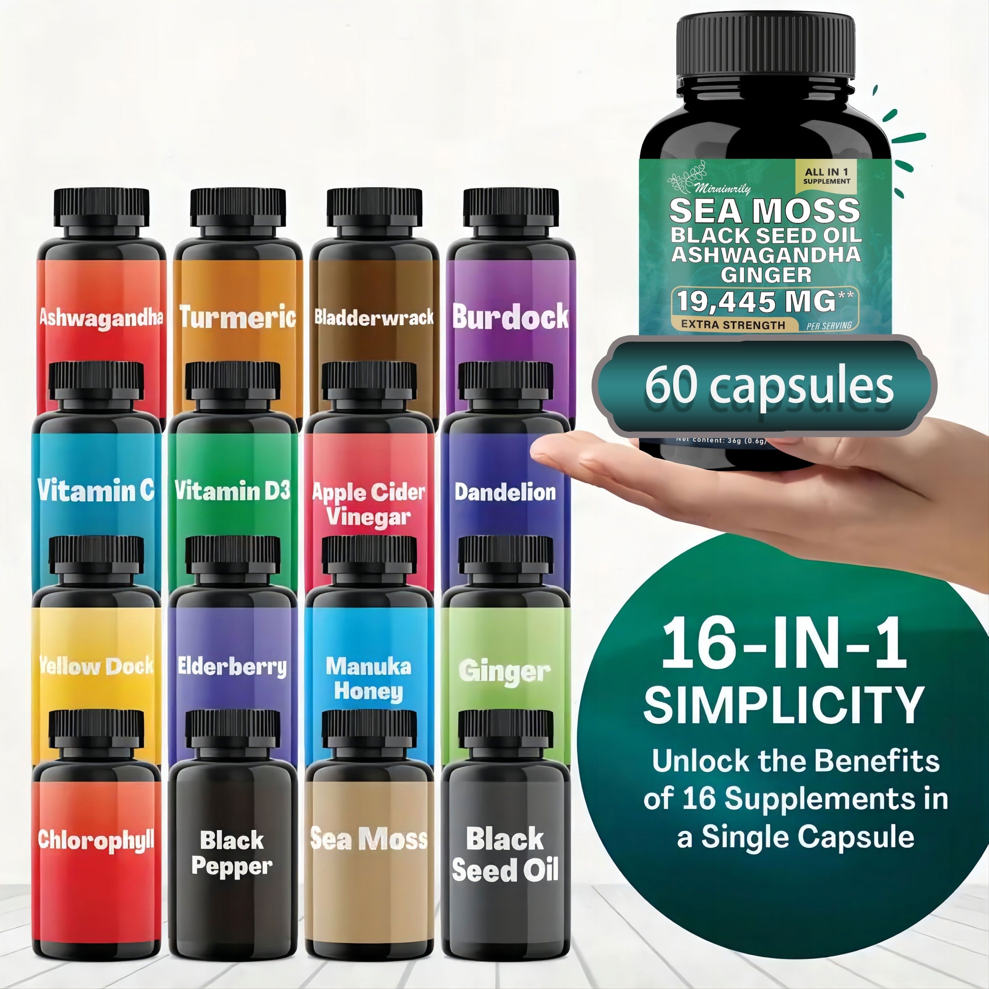 2 Bottles of Ultimate Wellness Bundle - 60 High-Potency Veggie Capsules Each with 7000mg Sea Moss, 4000mg Black Seed Oil, 2000mg Ashwagandha, 9000mg Ginger & Shilajit, 1000mg Rhodiola Rosea, 1500mg Panax Ginseng, All-in-One S