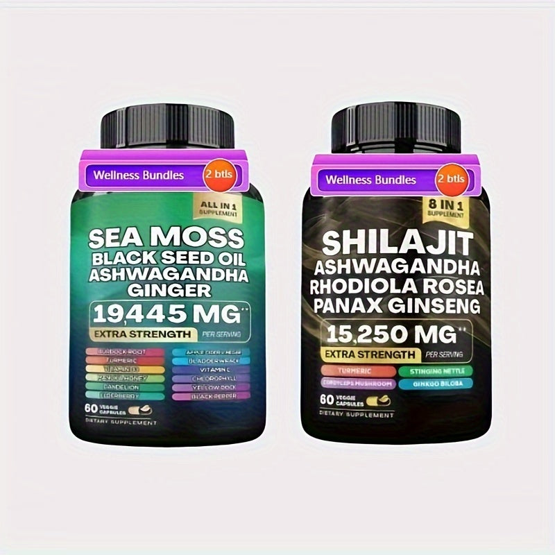 2 Bottles Wellness Bundles - Sea Moss 7000mg, Black Seed Oil 4000mg, Ashwagandha 2000mg, Ginger & Shilajit 9000mg, Rhodiola Rosea 1000mg, Panax Ginseng 1500mg, All-in-One Supplement Pills, 60 Veggie Capsules Each