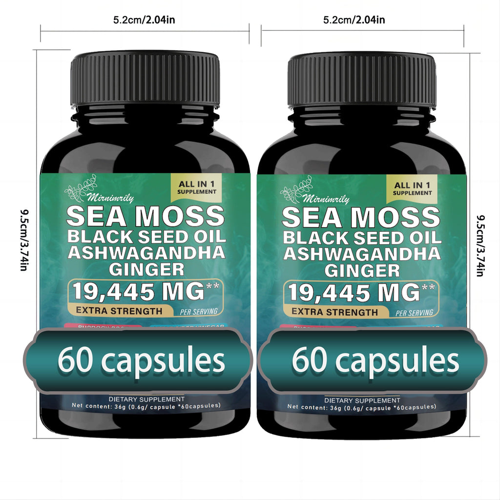 2 Bottles of Ultimate Wellness Bundle - 60 High-Potency Veggie Capsules Each with 7000mg Sea Moss, 4000mg Black Seed Oil, 2000mg Ashwagandha, 9000mg Ginger & Shilajit, 1000mg Rhodiola Rosea, 1500mg Panax Ginseng, All-in-One S