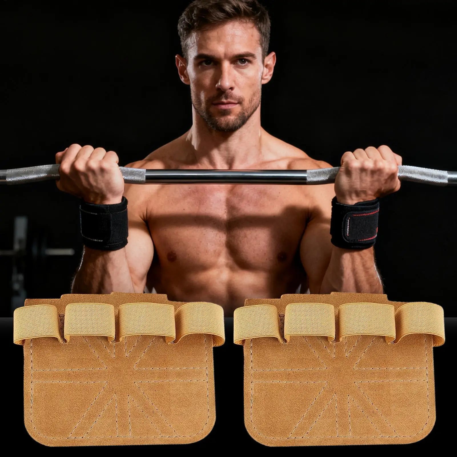 1 Pair Gym Workout Gloves - Leather Anti-Slip Fitness Grips for Weight Lifting, Deadlifts, Pull-Ups, Dumbbell & Kettlebell