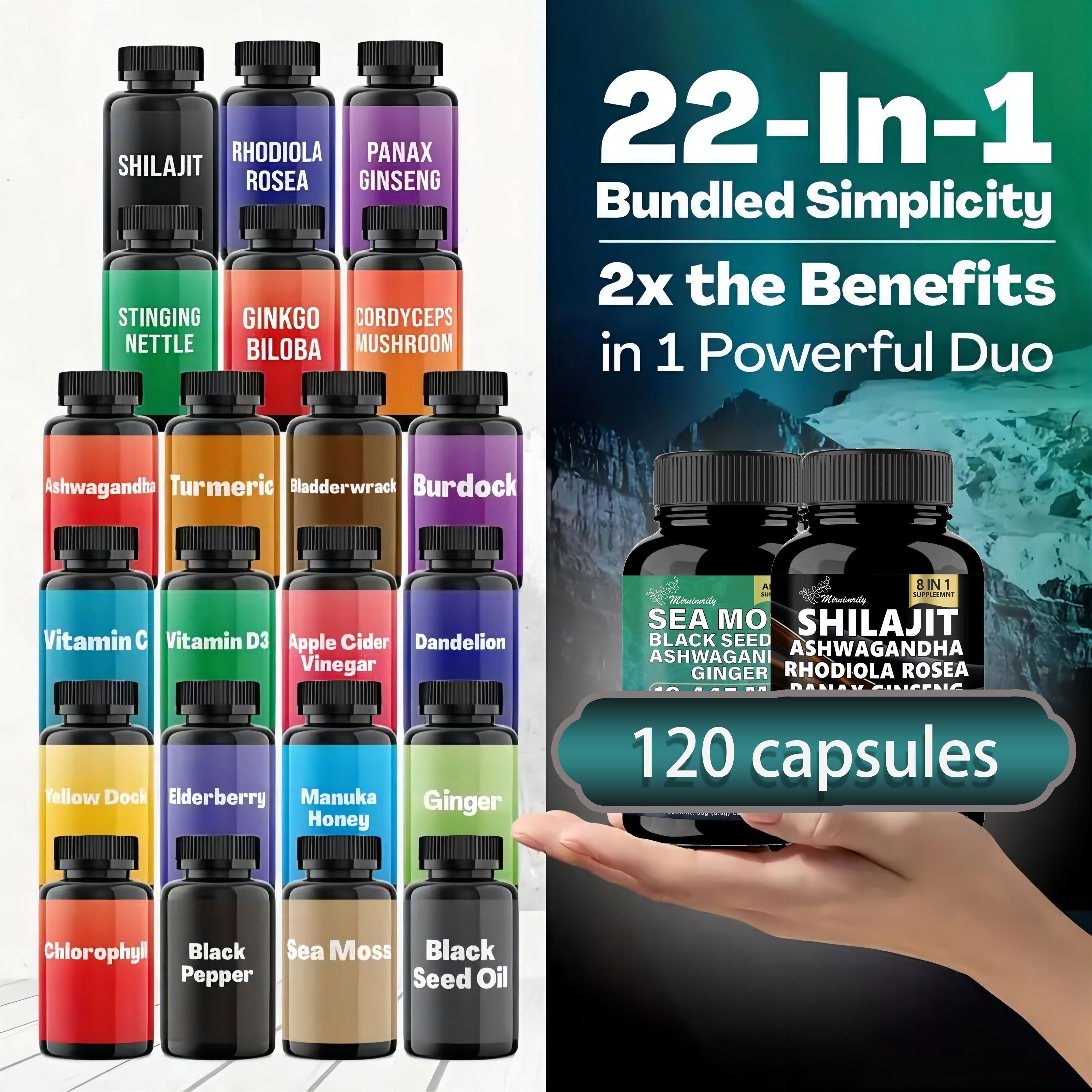 2 Bottles of Ultimate Wellness Bundle - 60 High-Potency Veggie Capsules Each with 7000mg Sea Moss, 4000mg Black Seed Oil, 2000mg Ashwagandha, 9000mg Ginger & Shilajit, 1000mg Rhodiola Rosea, 1500mg Panax Ginseng, All-in-One S