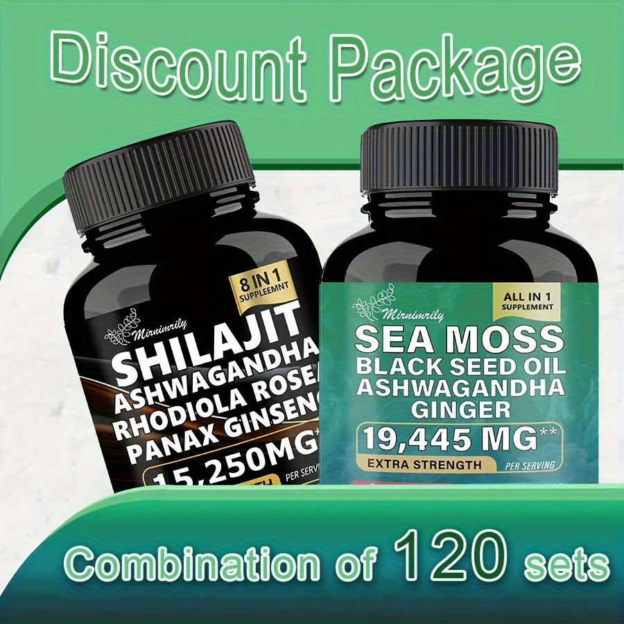 2 Bottles of Ultimate Wellness Bundle - 60 High-Potency Veggie Capsules Each with 7000mg Sea Moss, 4000mg Black Seed Oil, 2000mg Ashwagandha, 9000mg Ginger & Shilajit, 1000mg Rhodiola Rosea, 1500mg Panax Ginseng, All-in-One S