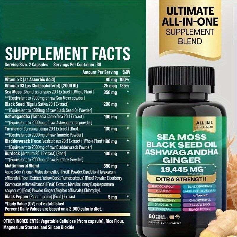 2 Bottles Wellness Bundles - Sea Moss 7000mg, Black Seed Oil 4000mg, Ashwagandha 2000mg, Ginger & Shilajit 9000mg, Rhodiola Rosea 1000mg, Panax Ginseng 1500mg, All-in-One Supplement Pills, 60 Veggie Capsules Each