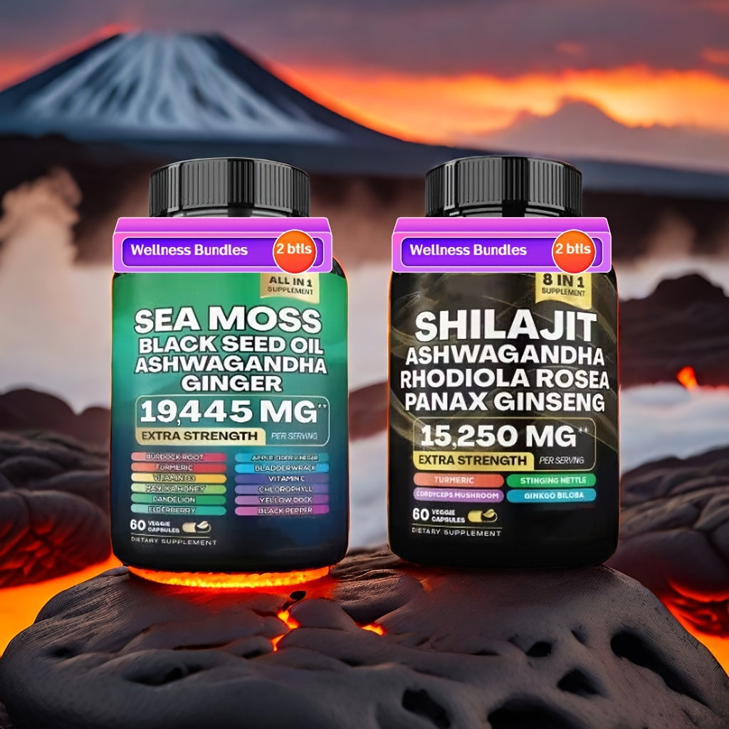 2 Bottles Wellness Bundles - Sea Moss 7000mg, Black Seed Oil 4000mg, Ashwagandha 2000mg, Ginger & Shilajit 9000mg, Rhodiola Rosea 1000mg, Panax Ginseng 1500mg, All-in-One Supplement Pills, 60 Veggie Capsules Each