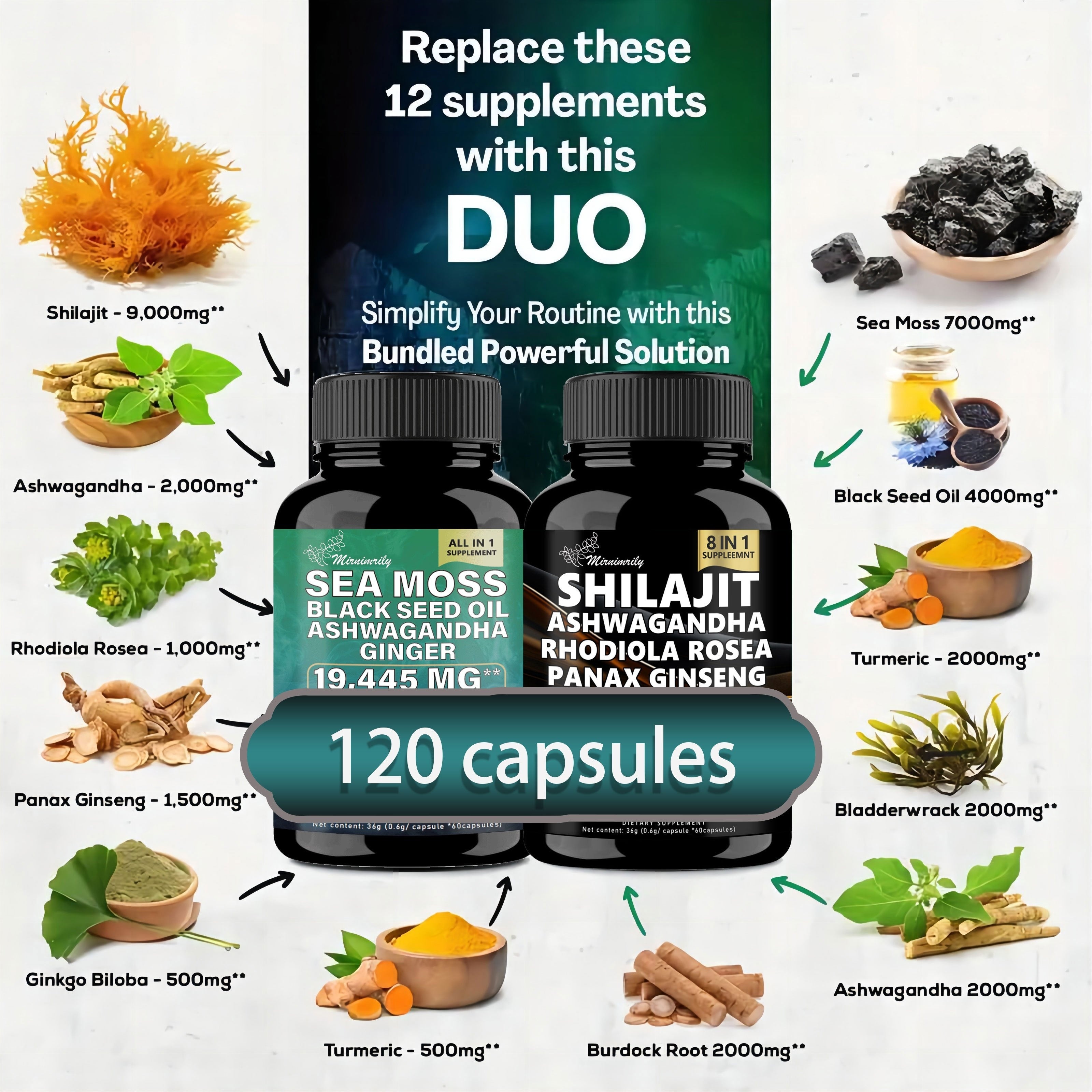 2 Bottles of Ultimate Wellness Bundle - 60 High-Potency Veggie Capsules Each with 7000mg Sea Moss, 4000mg Black Seed Oil, 2000mg Ashwagandha, 9000mg Ginger & Shilajit, 1000mg Rhodiola Rosea, 1500mg Panax Ginseng, All-in-One S
