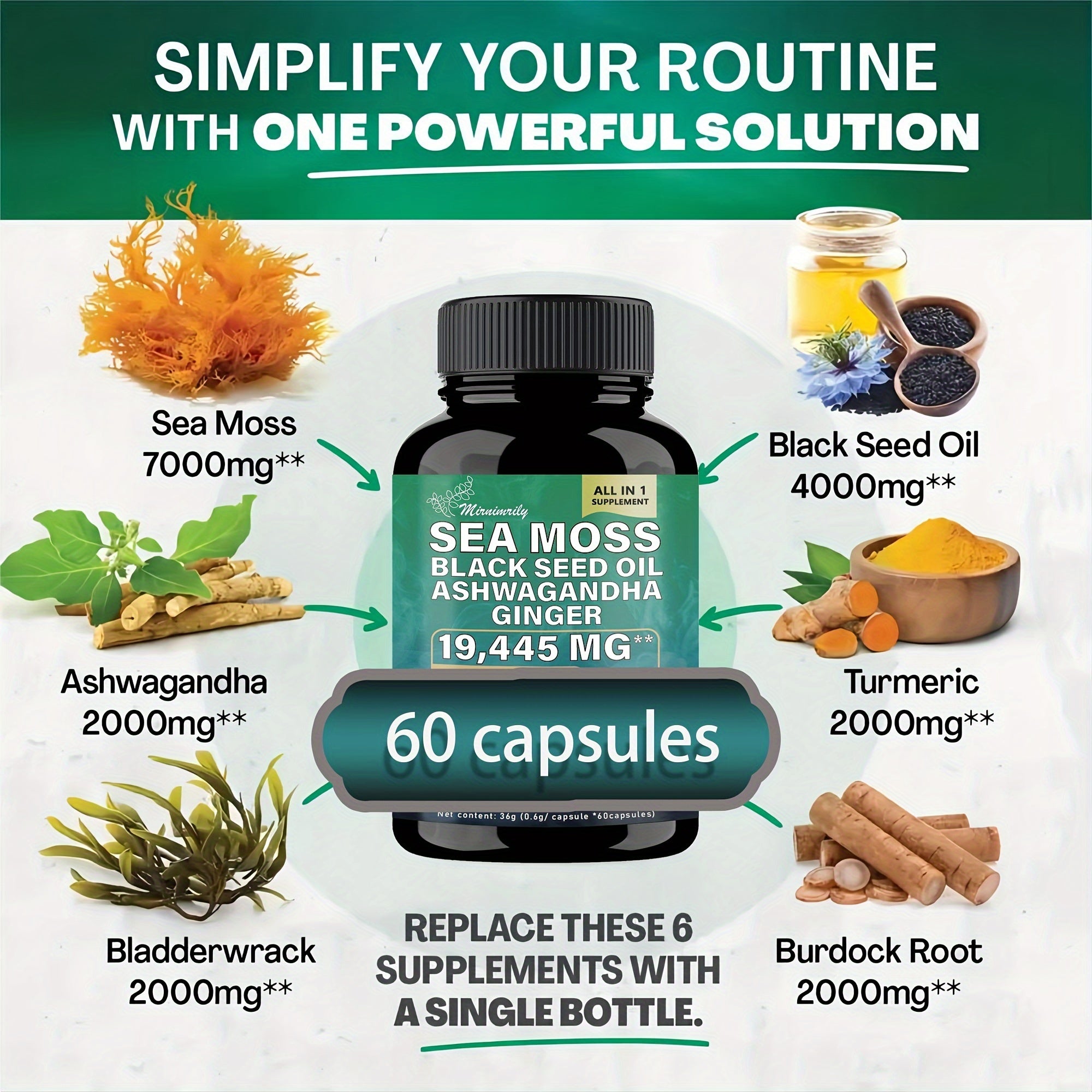 2 Bottles of Ultimate Wellness Bundle - 60 High-Potency Veggie Capsules Each with 7000mg Sea Moss, 4000mg Black Seed Oil, 2000mg Ashwagandha, 9000mg Ginger & Shilajit, 1000mg Rhodiola Rosea, 1500mg Panax Ginseng, All-in-One S