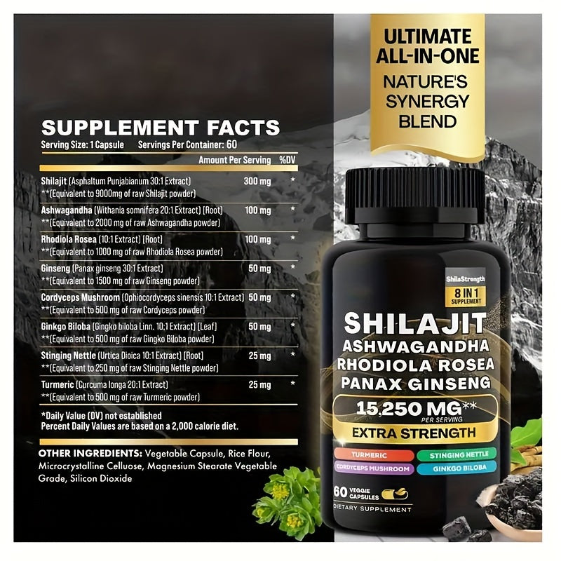 2 Bottles Wellness Bundles - Sea Moss 7000mg, Black Seed Oil 4000mg, Ashwagandha 2000mg, Ginger & Shilajit 9000mg, Rhodiola Rosea 1000mg, Panax Ginseng 1500mg, All-in-One Supplement Pills, 60 Veggie Capsules Each