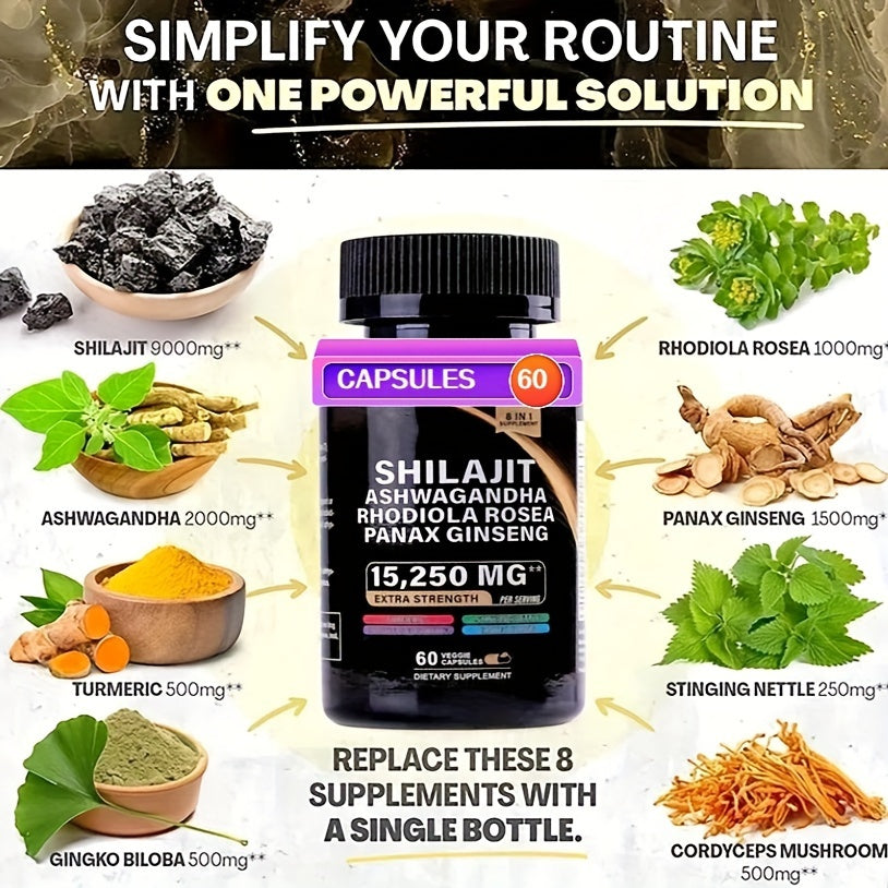 2 Bottles Wellness Bundles - Sea Moss 7000mg, Black Seed Oil 4000mg, Ashwagandha 2000mg, Ginger & Shilajit 9000mg, Rhodiola Rosea 1000mg, Panax Ginseng 1500mg, All-in-One Supplement Pills, 60 Veggie Capsules Each